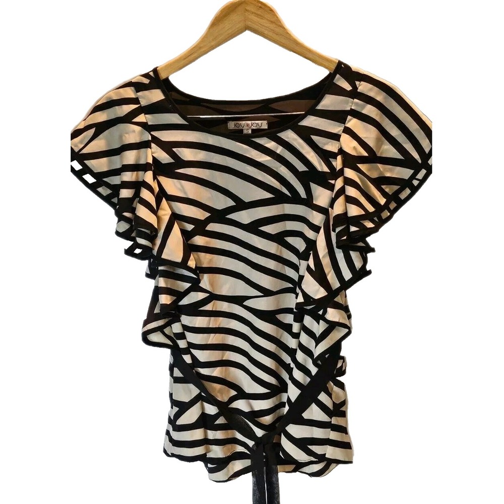 Joy Joy Animal Print Belted Top Small Black Cream Striped Flutter Sleeve Blouse